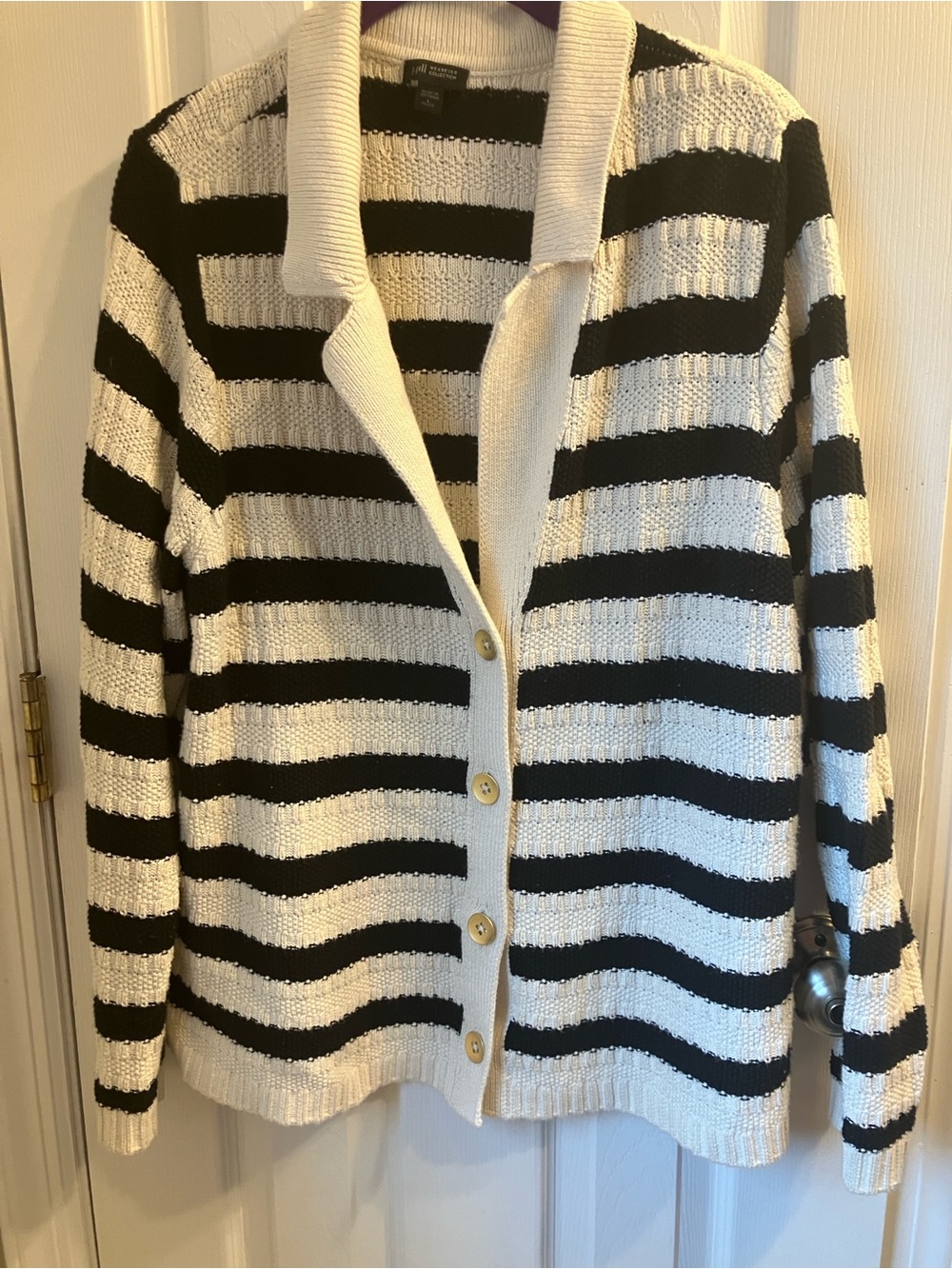 J. Jill Black and White Striped Shawl-Collar Cardigan